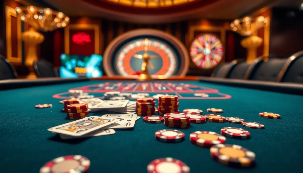 Engaging scene of Tool xổ số siêu tốc showcasing a luxurious casino with vibrant gaming elements.