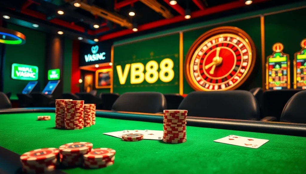 VB88 casino scene featuring a luxurious poker table with vibrant chips and cards.