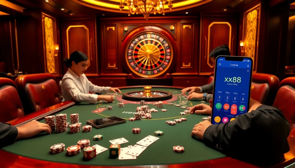 Engage in an exciting game at the luxurious xx88 poker table, showcasing rich casino elements.