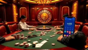 Engage in an exciting game at the luxurious xx88 poker table, showcasing rich casino elements.