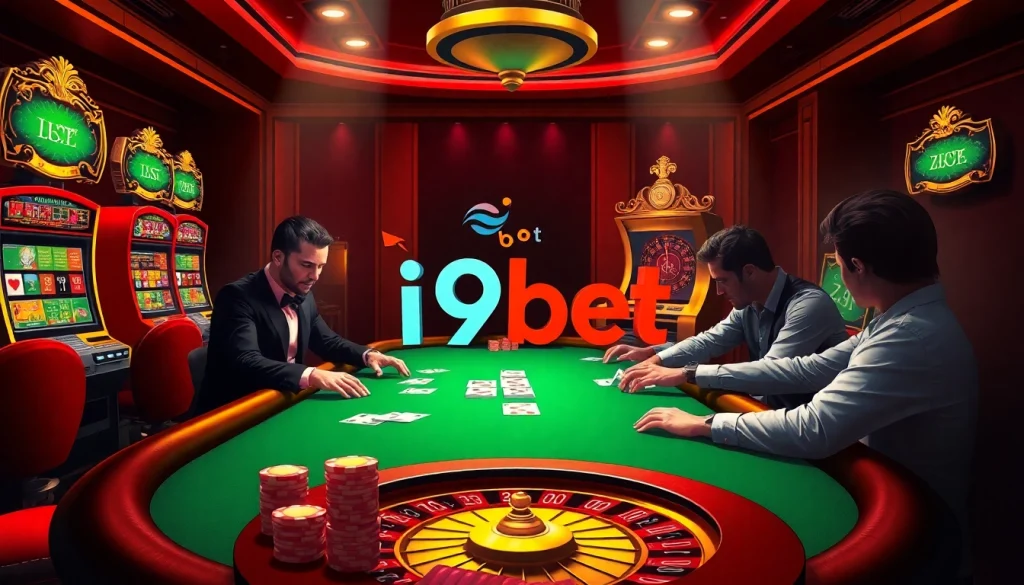 Engaged players at an i9bet poker table amidst vibrant casino visuals.