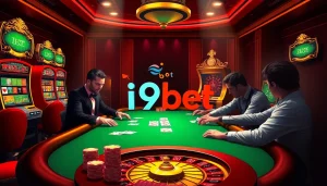 Engaged players at an i9bet poker table amidst vibrant casino visuals.