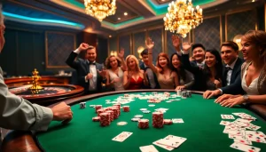 Excited players at a luxurious Man88 casino table celebrate wins with chips and cards.