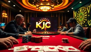 KJC players strategizing at a high-stakes poker table in a luxurious casino atmosphere.