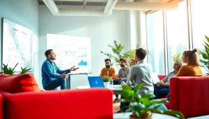 Highlight actionable business growth insights in a vibrant team meeting, promoting collaboration.