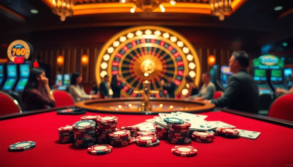 A thrilling scene of gamers enjoying 789club sx with poker chips at a glamorous casino table.