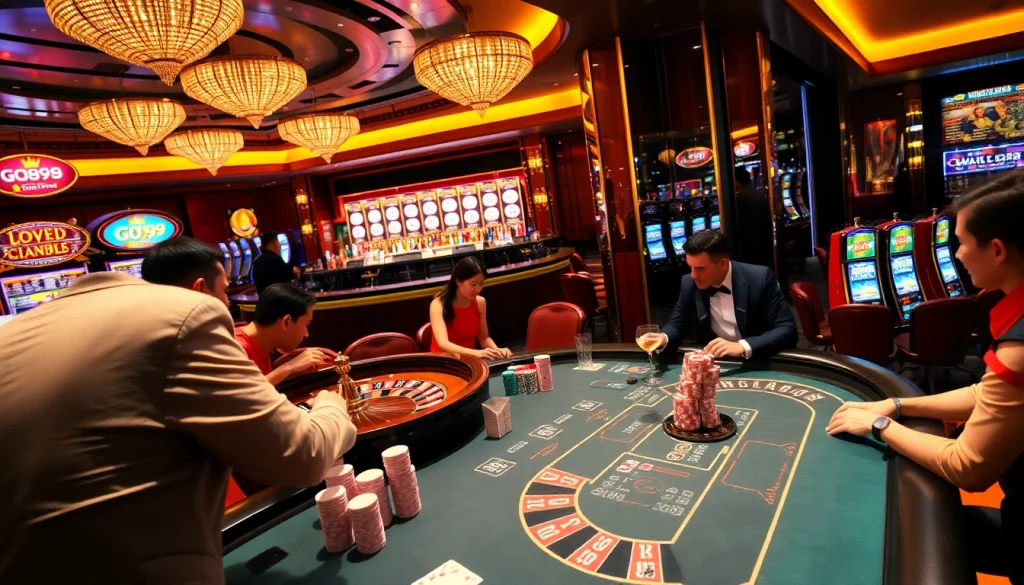 Exciting gambling action at nhà cái GO99 with poker players, roulette wheel, and vibrant slots.