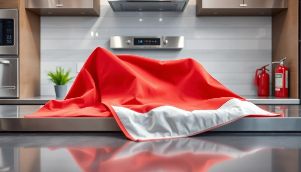 Fire blanket elegantly displayed on a countertop, showcasing safety readiness.