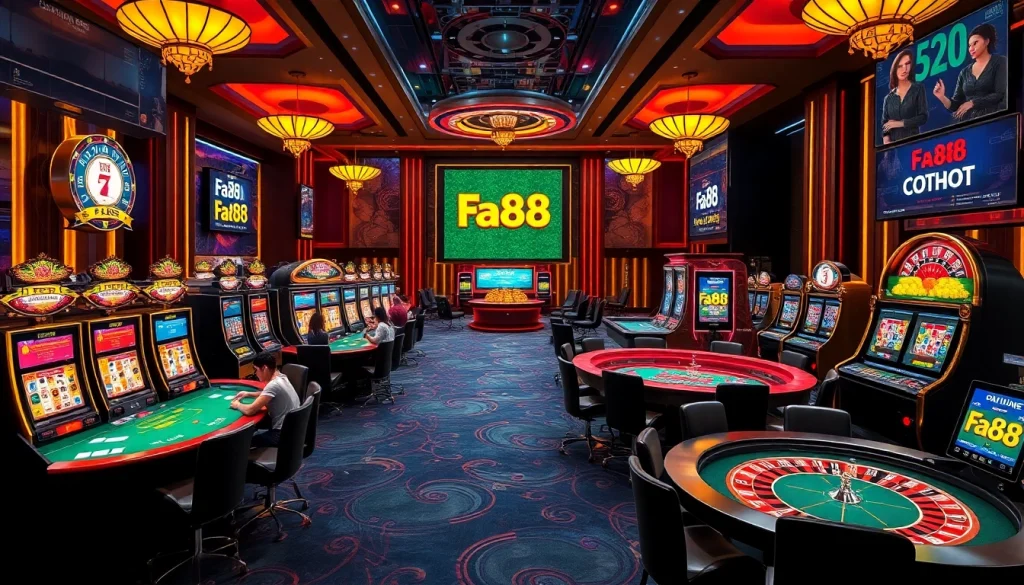 Experience the excitement of fa88 gaming with vibrant casino tables and dynamic slot machines.