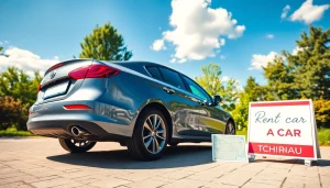 Închiriere mașini în Chișinău, prezentând o mașină de închiriere vibrantă într-un peisaj însorit.