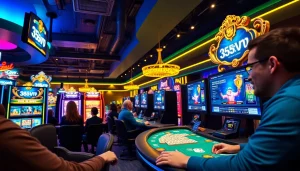 55VV online gaming platform showcasing immersive slots and poker games in an exciting casino atmosphere.