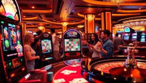 Experience the thrill of gaming with the xn88 app in a vibrant casino setting, featuring excited players and luxurious decor.