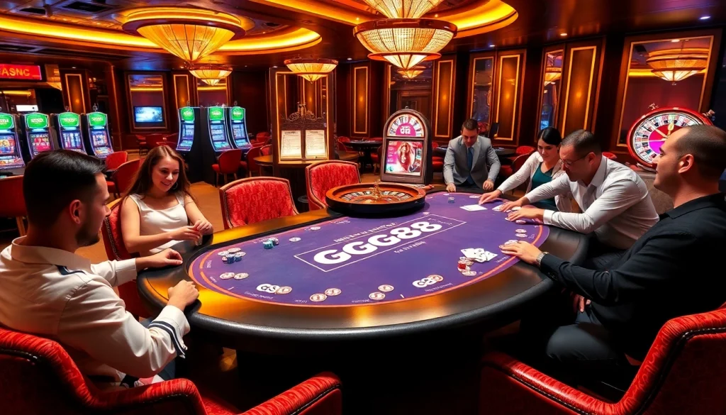 Players engaging in thrilling card games at a GG88 branded casino table, showcasing excitement and strategy.