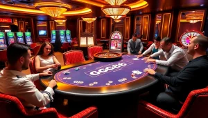 Players engaging in thrilling card games at a GG88 branded casino table, showcasing excitement and strategy.