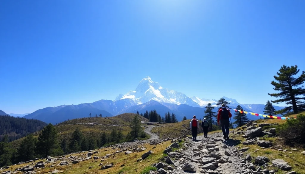 Trekkers on the Manaslu Circuit Trek with Mount Manaslu in the background and local cultural elements.