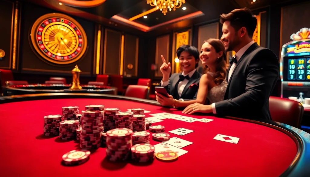 FC88 casino scene showcasing vibrant poker chips and joyous players celebrating their wins.