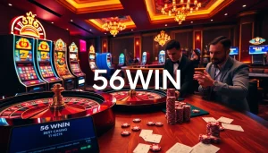 Experience the thrill of 56WIN gambling at a luxurious casino with roulette and poker.