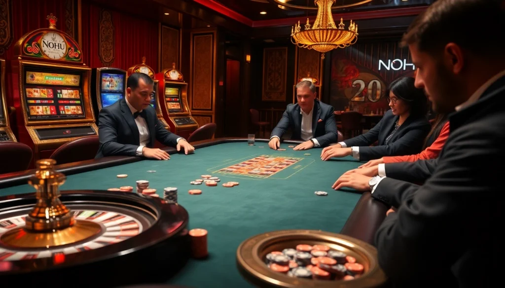 Experience thrilling casino action at the NOHU poker table with vibrant chips and elegant decor.