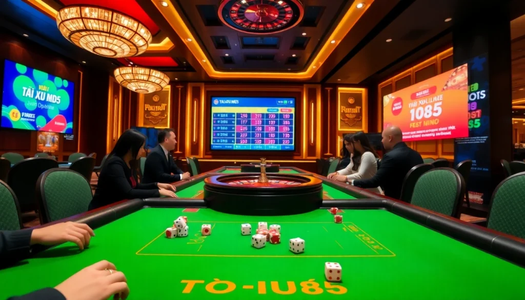 Tai Xiu MD5 immersive casino experience with betting table, poker chips, and rolling dice.