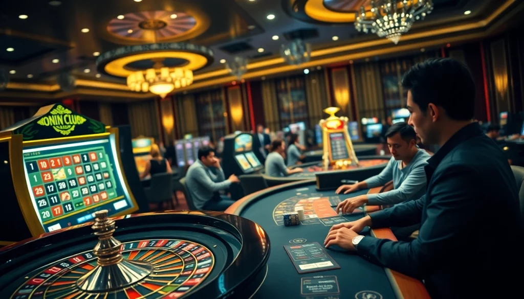Engaged players enjoying a lively game atmosphere at onicplay online casino, featuring roulette and slot machines.