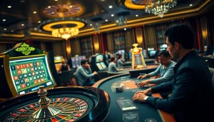 Engaged players enjoying a lively game atmosphere at onicplay online casino, featuring roulette and slot machines.