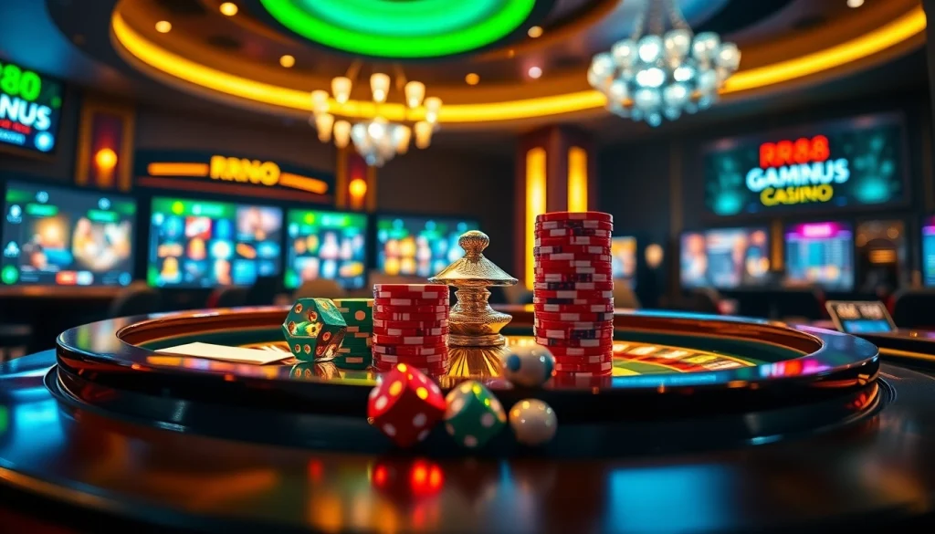 Experience the excitement of RR88 with a luxury casino scene featuring roulette and vibrant chips.