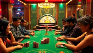 Gambling excitement at 11WIN with professional players at a casino table, vibrant atmosphere.