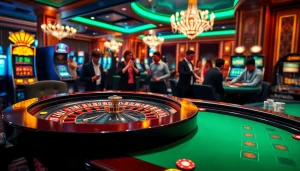 Exciting casino scene showcasing rr88 link with roulette and slot machines.