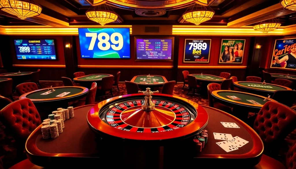 Play exciting games at 789 bet's vibrant casino with roulette and poker tables.