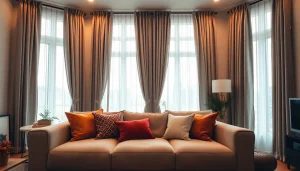 Verduisterende gordijnen in een stijlvolle woonkamer creëren een ontspannen sfeer.