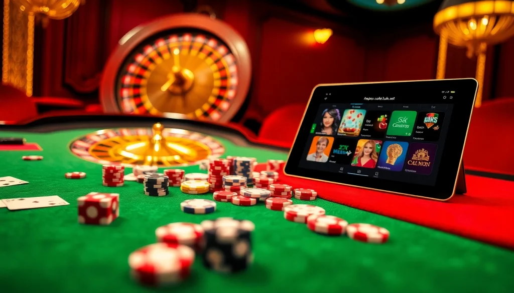 Engage in thrilling games at the casino depicting https://okfun.uk.net/ with poker chips and a roulette wheel.