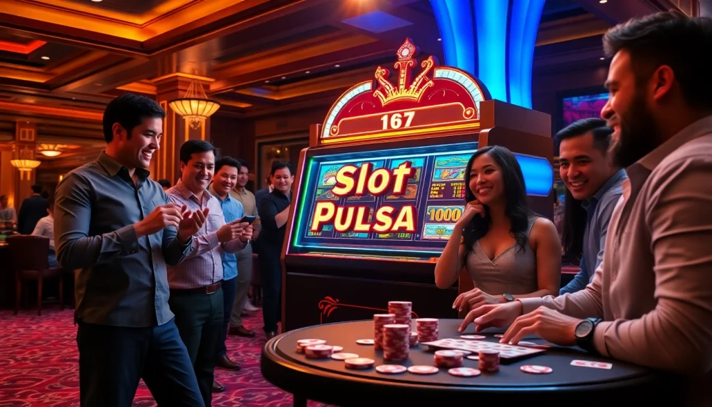 Rasakan sensasi permainan slot pulsa saat para pemain merayakan kemenangan besar di kasino yang ramai.
