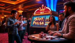 Rasakan sensasi permainan slot pulsa saat para pemain merayakan kemenangan besar di kasino yang ramai.