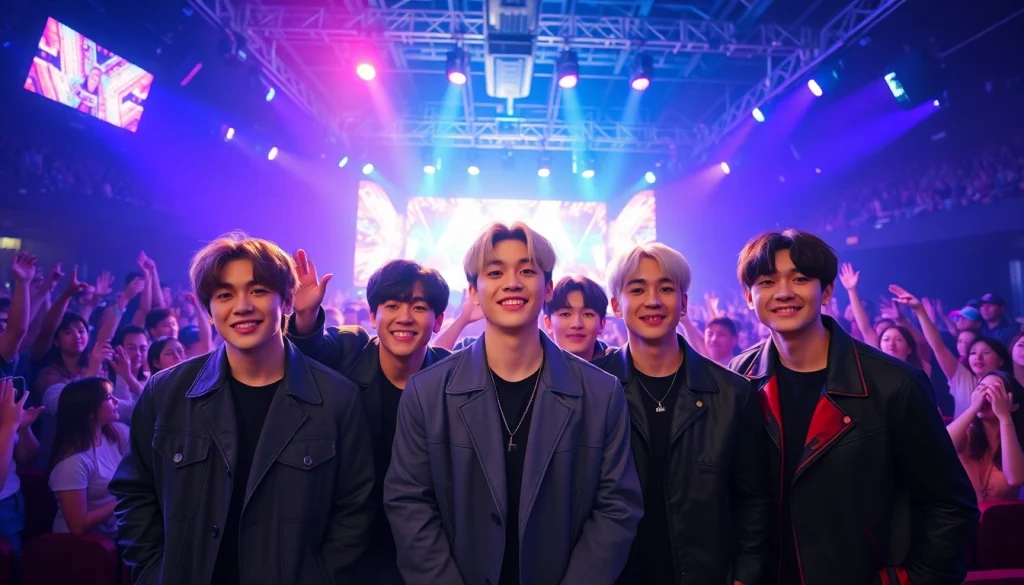 Bts members performing energetically on stage in concert lights and vibrant colors.