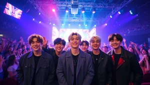Bts members performing energetically on stage in concert lights and vibrant colors.