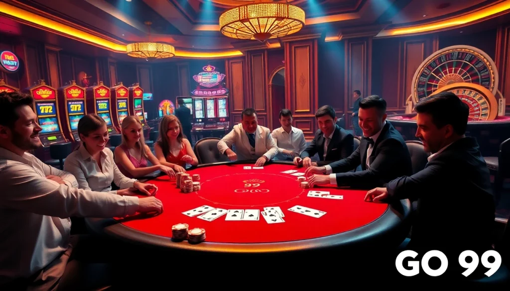 Players engage in an exciting poker game at a luxury casino table, showcasing GO99 gaming excitement.