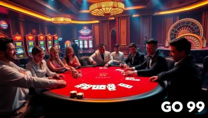 Players engage in an exciting poker game at a luxury casino table, showcasing GO99 gaming excitement.