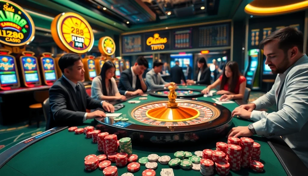 FLY88 casino scene featuring a vibrant gambling table with poker chips and cards.