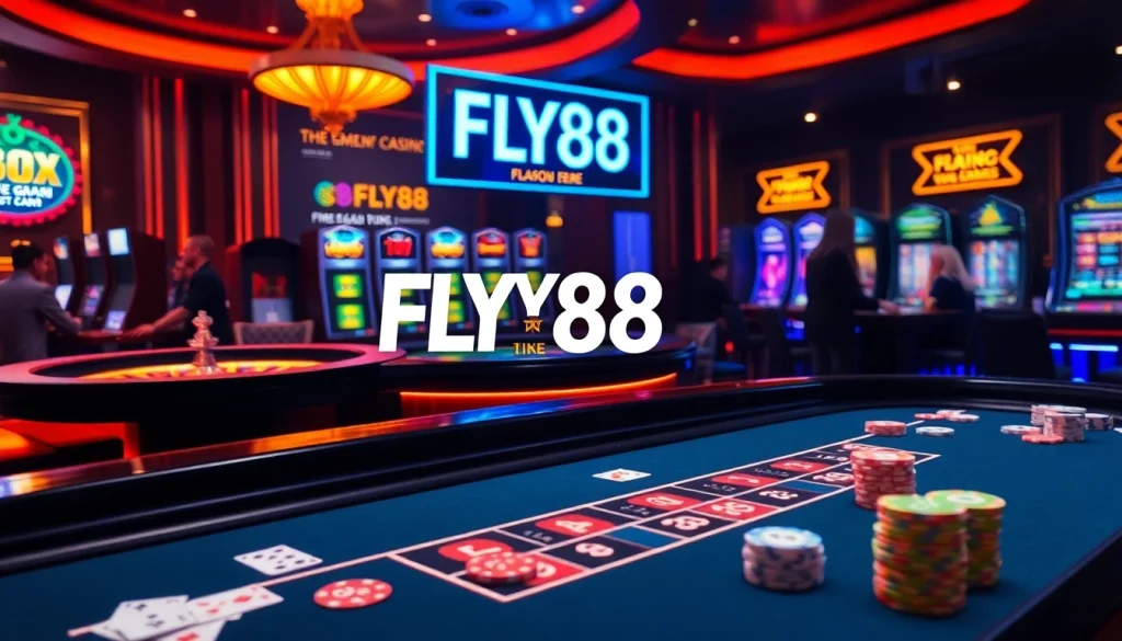 FLY88 gamblers enjoying a captivating casino atmosphere with poker chips and roulette wheel.