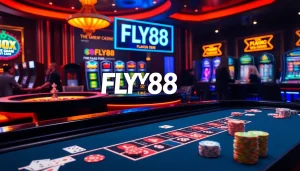 FLY88 gamblers enjoying a captivating casino atmosphere with poker chips and roulette wheel.