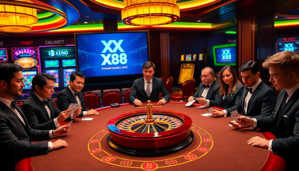 Experience the thrill of Baccarat at XX 88 with an exhilarating casino scene featuring professional players and vibrant games.