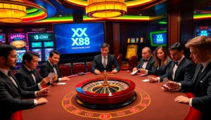 Experience the thrill of Baccarat at XX 88 with an exhilarating casino scene featuring professional players and vibrant games.