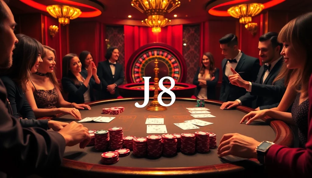 J8 enthusiasts enjoying a thrilling poker game at a luxurious casino table filled with colorful chips.