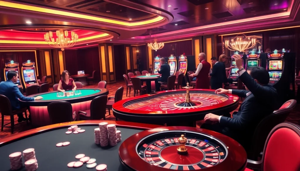 Kicking off an exciting game night with công ty kjc at a luxurious casino featuring vibrant tables and players.