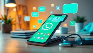 FM WhatsApp interface on a smartphone set in a modern workspace.