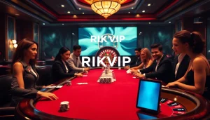 RIKVIP players engaging in an exhilarating high-stakes poker game in a luxurious casino atmosphere.