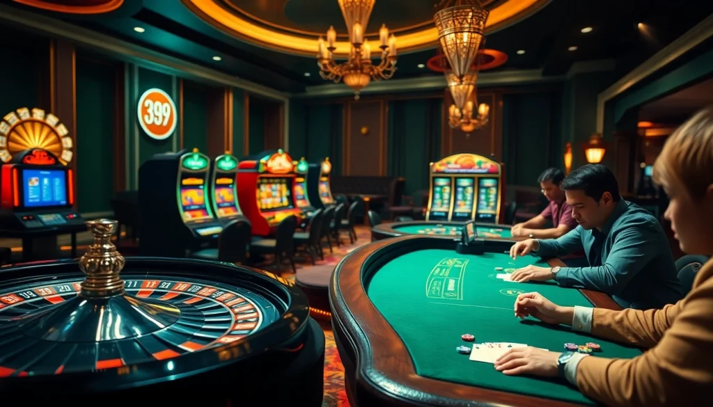 Experience thrilling gameplay at 399W with an elegant casino setting featuring poker and slot machines.