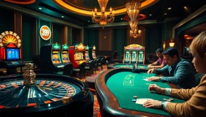 Experience thrilling gameplay at 399W with an elegant casino setting featuring poker and slot machines.