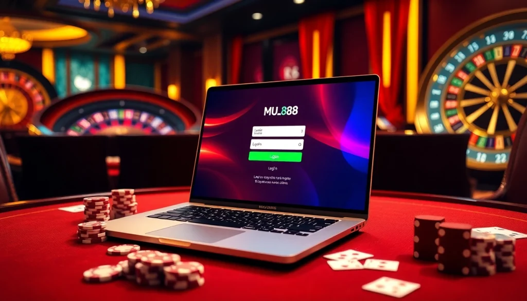 Engaging casino scene illustrating đăng nhập mu88 on a sleek laptop amidst luxury gambling elements.