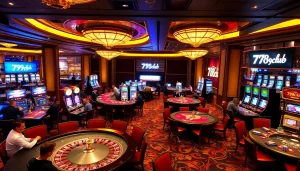 Players enjoying games at 789club's opulent casino, featuring roulette and poker tables.